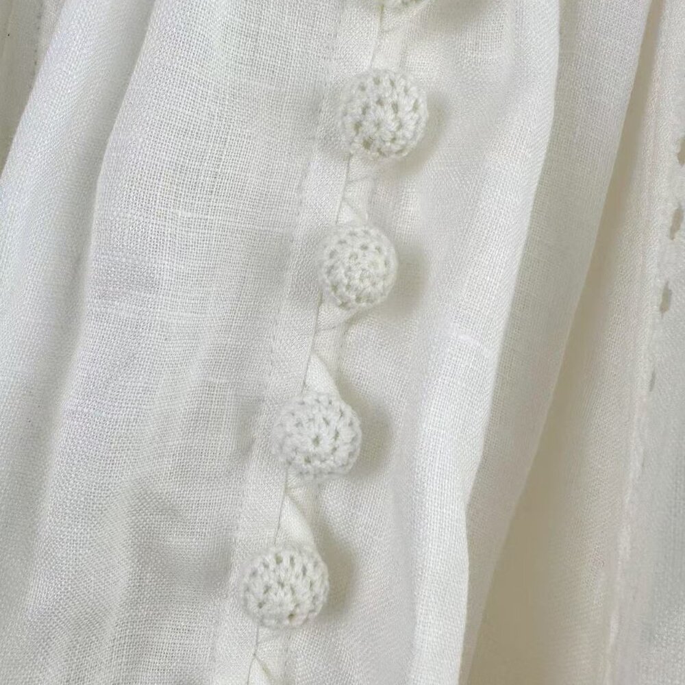 Romantic White Lace Dress: V - Neck, Puff Sleeves & Tiered Skirt - Picture 6 of 8